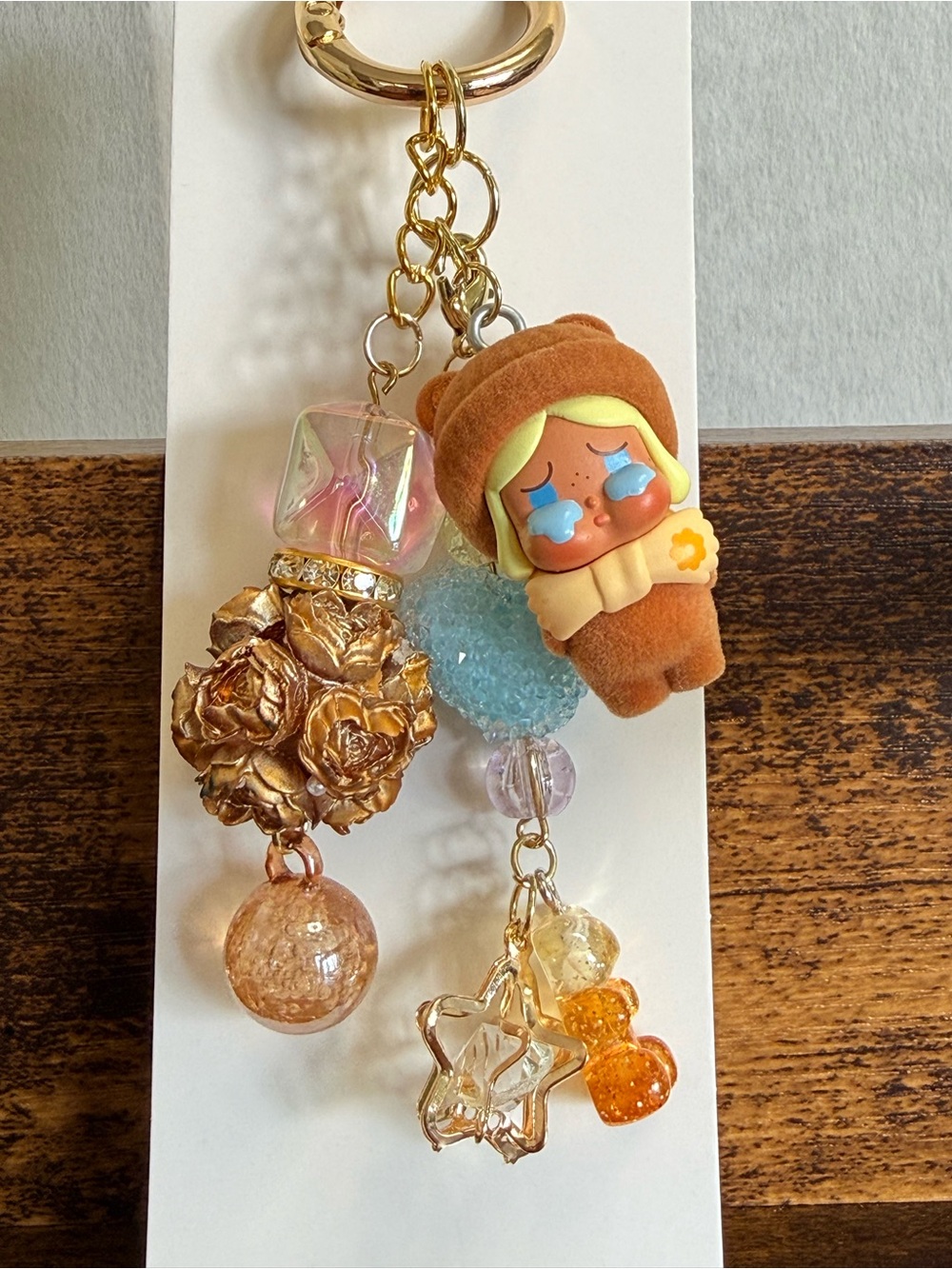 Flocked Crybaby Popbean Keychain Bag Charm with Gold & Pastel Beads